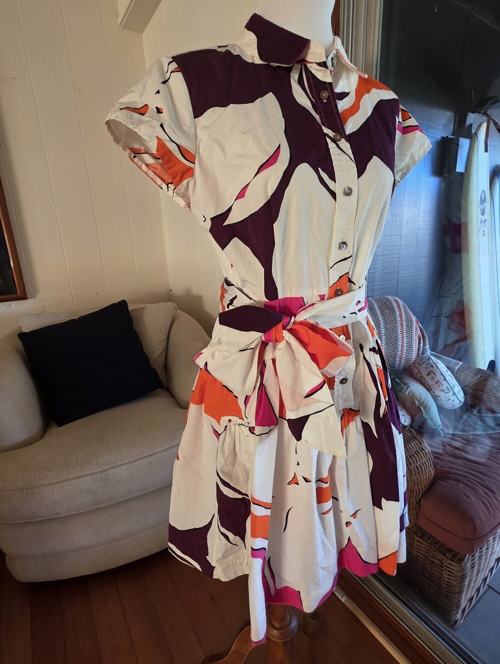 Diane Von Furstenberg Abstract Print Drop Waist Shirt Dress With Tie belt